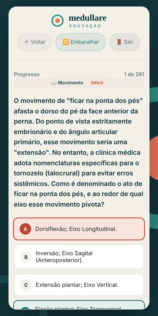 Tela do app Medullare mostrando uma questão de anatomia com a alternativa correta destacada em verde e o erro em vermelho.